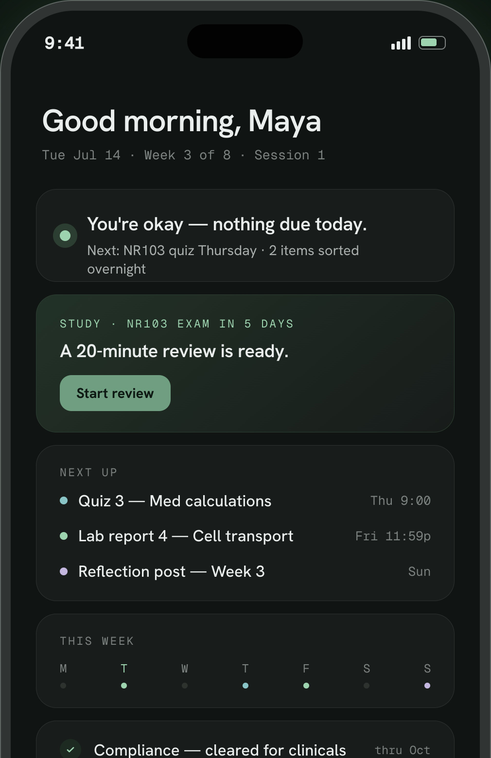 The NurseDash Now screen — a calm daily verdict, today's study step, and what's next